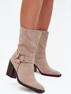 Dámské boty zateplené na podpatku s pásky a ozdobným detailem béžové Neria