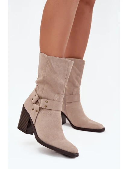 Dámské boty zateplené na podpatku s pásky a ozdobným detailem béžové Neria Dámské boty zateplené na podpatku s pásky a ozdobným detailem béžové Neria