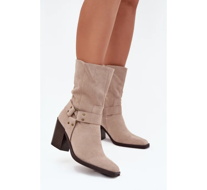 Dámské boty zateplené na podpatku s pásky a ozdobným detailem béžové Neria Dámské boty zateplené na podpatku s pásky a ozdobným detailem béžové Neria