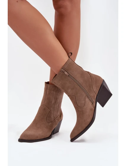 Sametové Kotníkové Boty Dámské Na Podpatku Zateplené Khaki model 21707093 - Boto