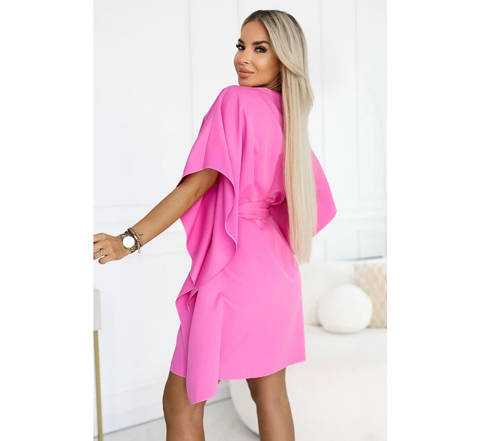 287-42 SOFIA Růžové motýlí šaty se zavazováním v pase - světle fuchsiová barva