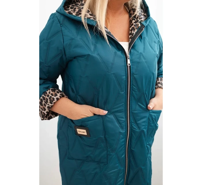 Dámská prošívaná bunda Plus Size s podšívkou v leopardím vzoru a kapucí mořská