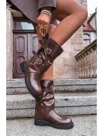 Dámské kozačky ke kolenům s pásky a sponami Halvessa – hnědé