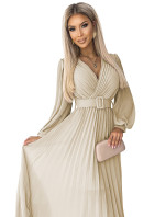 KLARA - Béžové dámské plisované šaty s opaskem a výstřihem 414-8