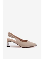 Kožené dámské sandály na podpatku model 22122614 Béžové - VINCEZA