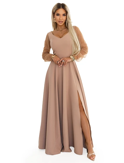 LORETTA dlouhé šaty s rukávy a výstřihem béžové model 22043337 - numoco
