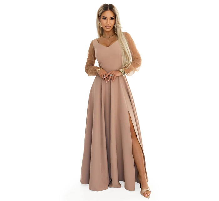 640-4 LORETTA jedinečné dlouhé šaty s tylovými rukávy a výstřihem - béžové 640-4 LORETTA jedinečné dlouhé šaty s tylovými rukávy a výstřihem - béžové