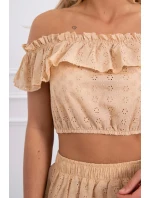 Vyšívaná souprava s puntíkovanou halenkou béžové barvy