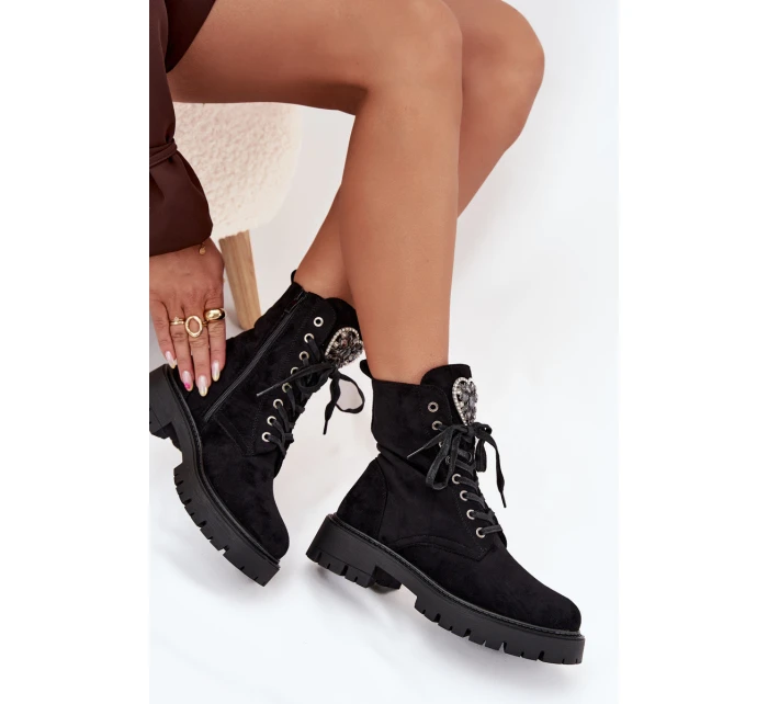 Boty Pracovní S Bižuterními Doplňky Zateplené Eko Semišové Černé Miryssa