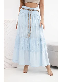 Dámská maxi bavlněná sukně s ažurovou výšivkou a elastickým pasem modrá