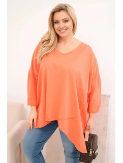 Dámská bavlněná blůza Plus Size s asymetrickým spodním lemem a V výstřihem meruňková