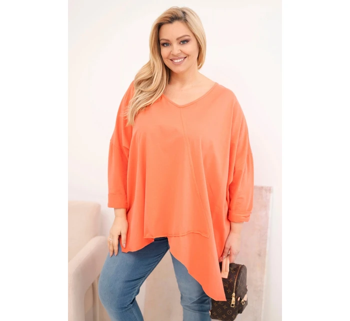 Dámská bavlněná blůza Plus Size s asymetrickým spodním lemem a V výstřihem meruňková