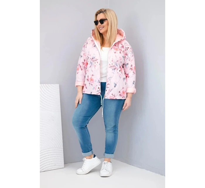 Dámská jarní prošívaná bunda Plus Size s kapucí a květinovým vzorem pudrově růžová