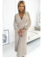 Béžové dámské midi šaty s výstřihem, dlouhými rukávy a širokým opaskem model 19012562 - numoco basic Béžové dámské midi šaty s výstřihem, dlouhými rukávy a širokým opaskem model 19012562 - numoco basic