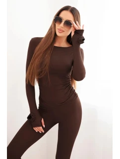 Dámský komplet z žebrované viskózy s dlouhým rukávem a legínami hnědý