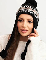 Dámská zimní čepice vlněná s ušními klapkami a bambulkami K436 černá + moka