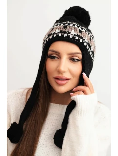 Dámská zimní čepice vlněná s ušními klapkami a bambulkami K436 černá + moka