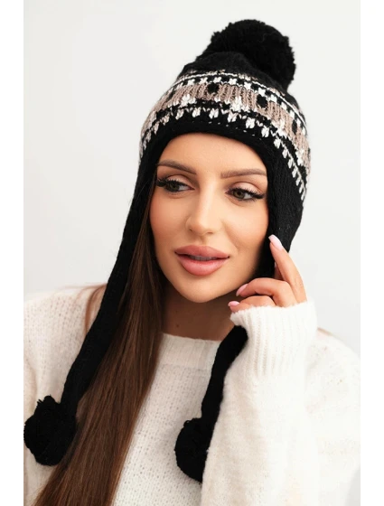 Dámská zimní čepice vlněná s ušními klapkami a bambulkami K436 černá + moka Dámská zimní čepice vlněná s ušními klapkami a bambulkami K436 černá + moka