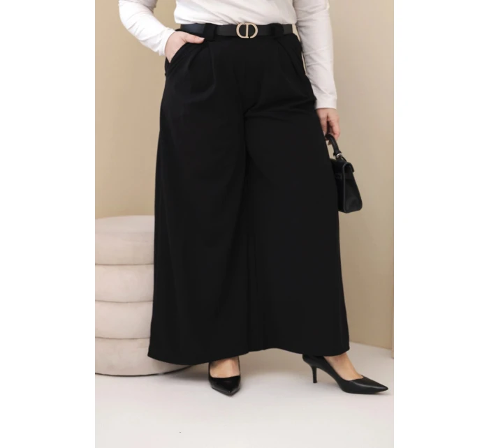 Dámské kalhoty Plus Size viskózové s širokou nohavicí a páskem černé