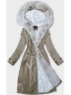 Béžová dámská zimní bunda parka s kožešinou (B557-46046)