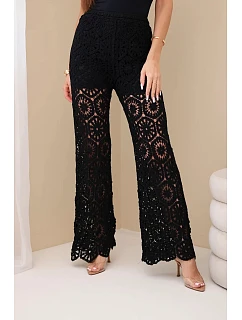 Dámské bavlněné krajkové kalhoty se širokými nohavicemi a elastickým pasem černé