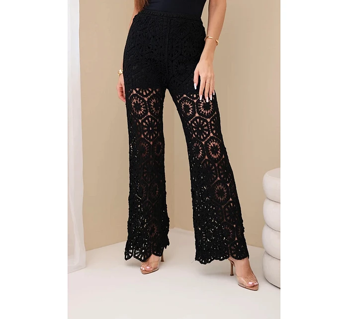 Dámské bavlněné krajkové kalhoty se širokými nohavicemi a elastickým pasem černé