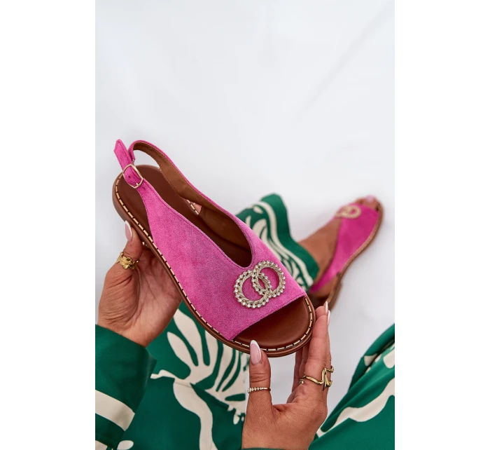 Dámské Sandály S Dekorací Na Plochém Podpatku Eko Sametové Růžové model 21685735 - Boto