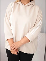 Dámská mikina Plus Size z viskózy s kapucí a ozdobnými proužky béžová