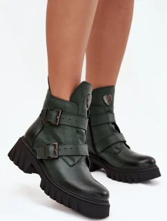 Kožené zateplené dámské boty s přezkami a ozdobným detailem model 21708564 tmavě zelené - Zazoo