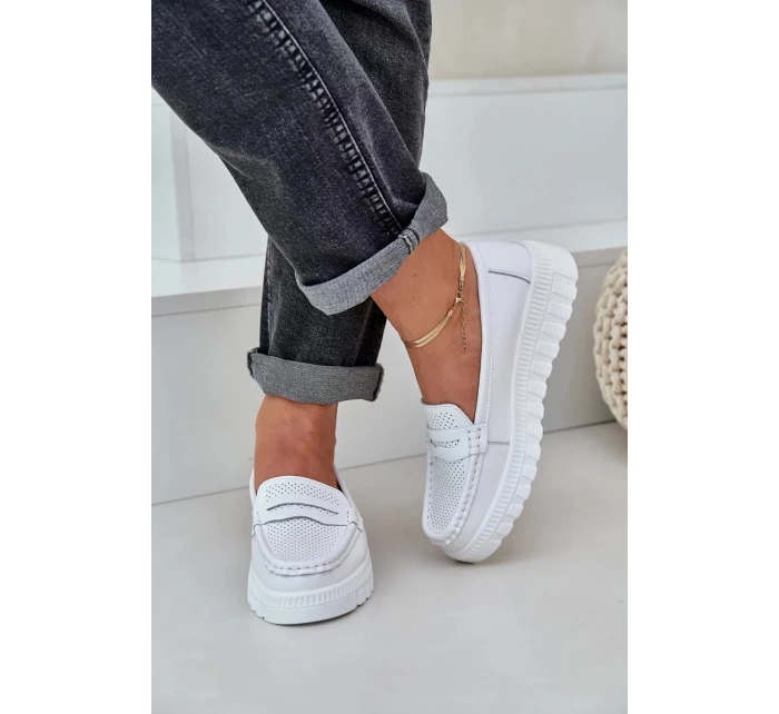Dámské kožené mokasíny na platformě a klínku Elanindel – bílé