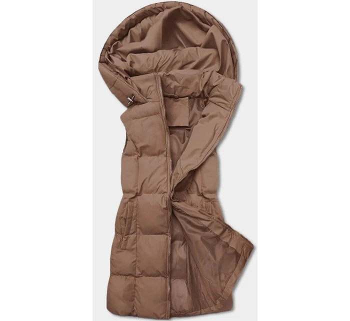 Tmavě béžová péřová dámská vesta s kapucí (5M721-84) Tmavě béžová péřová dámská vesta s kapucí (5M721-84)