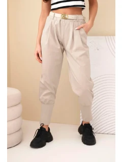 Dámské kalhoty z vysokým pasem a páskem bavlněné tmavě béžová