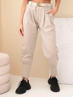 Dámské kalhoty z vysokým pasem a páskem bavlněné tmavě béžová