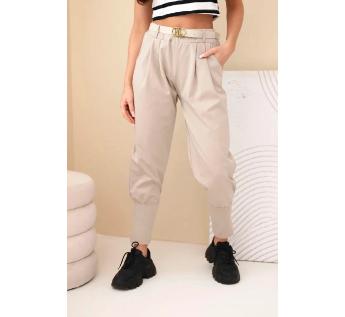 Dámské kalhoty z vysokým pasem a páskem bavlněné tmavě béžová