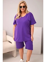 Dámská bavlněná souprava Plus Size s halenkou a šortkami fialová