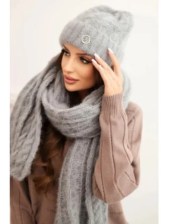 Dámská souprava čepice a šála s proužky se zdobením šedá