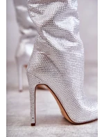 Módní kozačky na vysokém podpatku s kubickými zirkony stříbrne model 21597033 - Boto