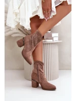 Zdobené Ažurové Kotníkové Boty Dámské Na Podpatku Z Eko Semiše Hnědé S.Barski Zdobené Ažurové Kotníkové Boty Dámské Na Podpatku Z Eko Semiše Hnědé S.Barski