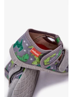 Dětské papuče na suchý zip – šedo-zelené Reathiana (s motivem dinosaurů)