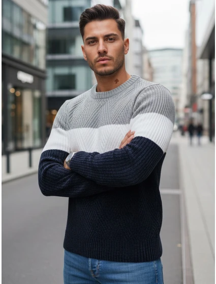 Pánský svetr s kulatým výstřihem šedý tmavě modrý Dstreet model 21994012 - FashionStreet