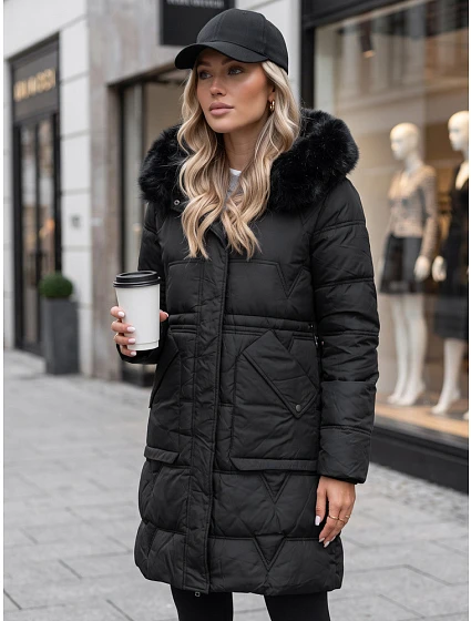 Kurtka damska zimowa pikowana z kapturem czarna model 22404752 - FashionStreet Kurtka damska zimowa pikowana z kapturem czarna model 22404752 - FashionStreet