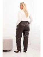Dámské kalhoty Plus Size z ekologické kůže s vysokým pasem a gumou v pase hnědé