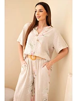 Dámský bavlněný komplet s krátkým rukávem a širokými nohavicemi béžový