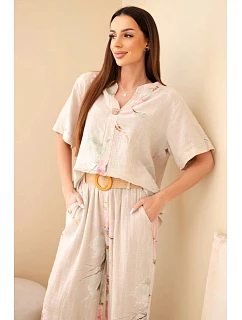 Dámský bavlněný komplet s krátkým rukávem a širokými nohavicemi béžový