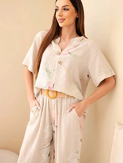 Dámský bavlněný komplet s krátkým rukávem a širokými nohavicemi béžový