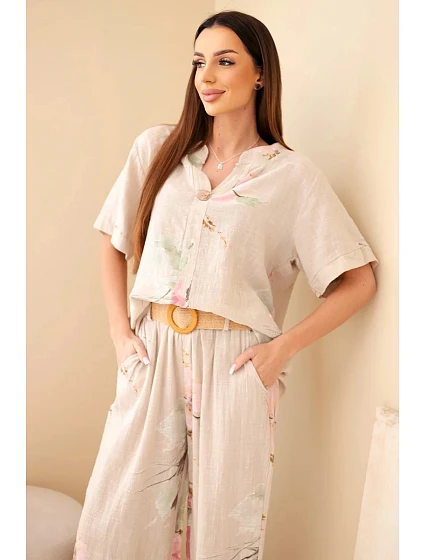 Dámský bavlněný komplet s krátkým rukávem a širokými nohavicemi béžový