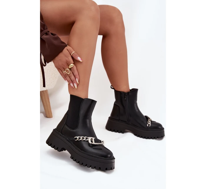 Dámské kotníkové boty Marvella na platformě s řetízkem – černé
