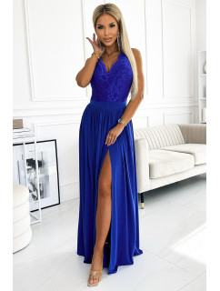 Světle modré dlouhé dámské šaty s krajkovým výstřihem model 19155728 - numoco
