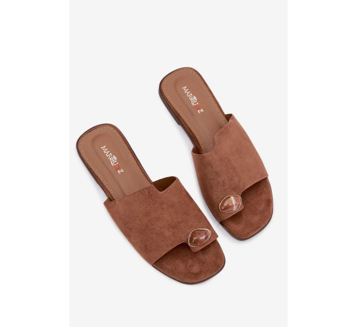 Dámské ploché nazouváky s ozdobným detailem Eko semiš hnědé Selavine Dámské ploché nazouváky s ozdobným detailem Eko semiš hnědé Selavine