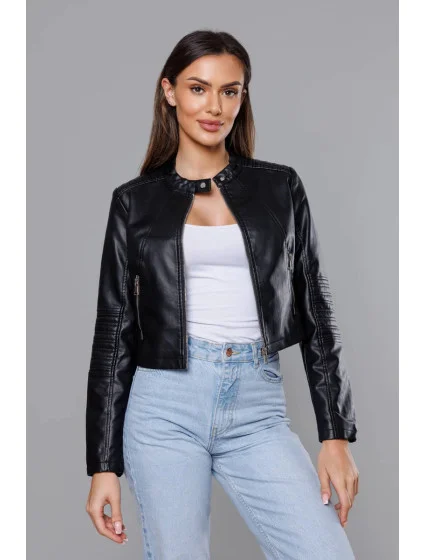 Krátká černá bunda ramoneska se stojáčkem model 18059277 - J.STYLE Krátká černá bunda ramoneska se stojáčkem model 18059277 - J.STYLE
